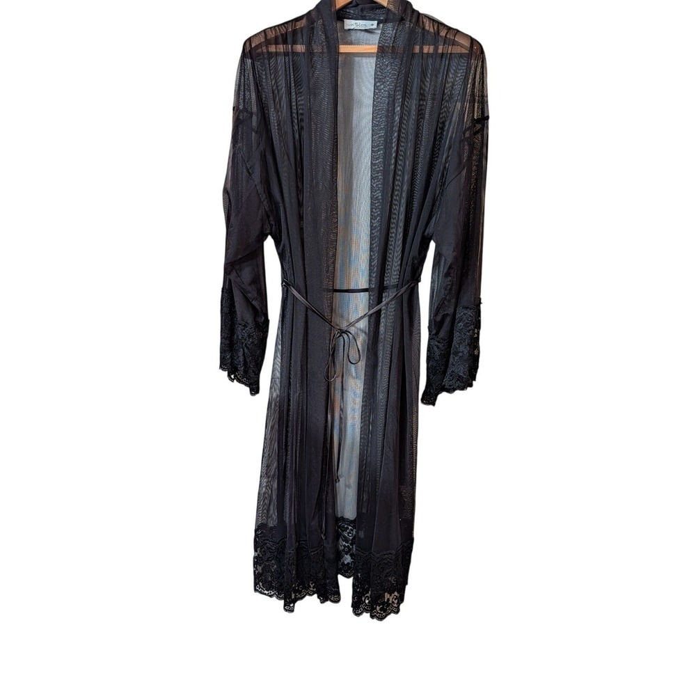 In Bloom by Jonquil Black Sheer Mesh Lace Trim Long Robe XL SYY035